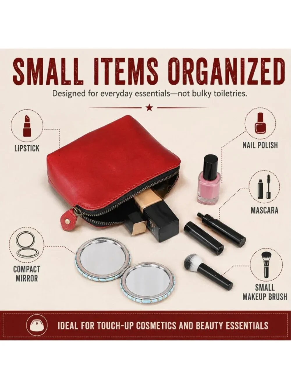 Premium Full Grain Leather Makeup Pouch - Small Travel Toiletry Organizer Bag